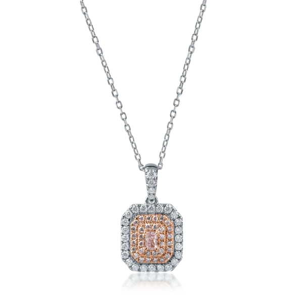 Lant cu pandantiv geometric din aur alb-roz cu diamante roz rectangulare si rotunde si diamante incolore de 0.6ct