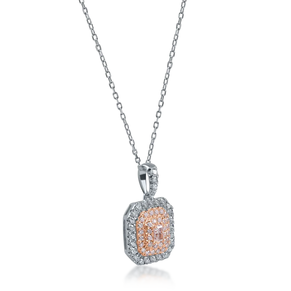 Lant cu pandantiv geometric din aur alb-roz cu diamante roz rectangulare si rotunde si diamante incolore de 0.6ct - imagine 2