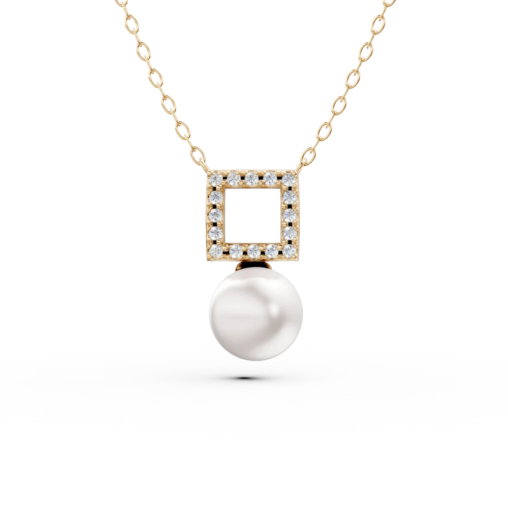 Lant cu pandantiv geometric din aur galben cu zirconii si perla sintetica
