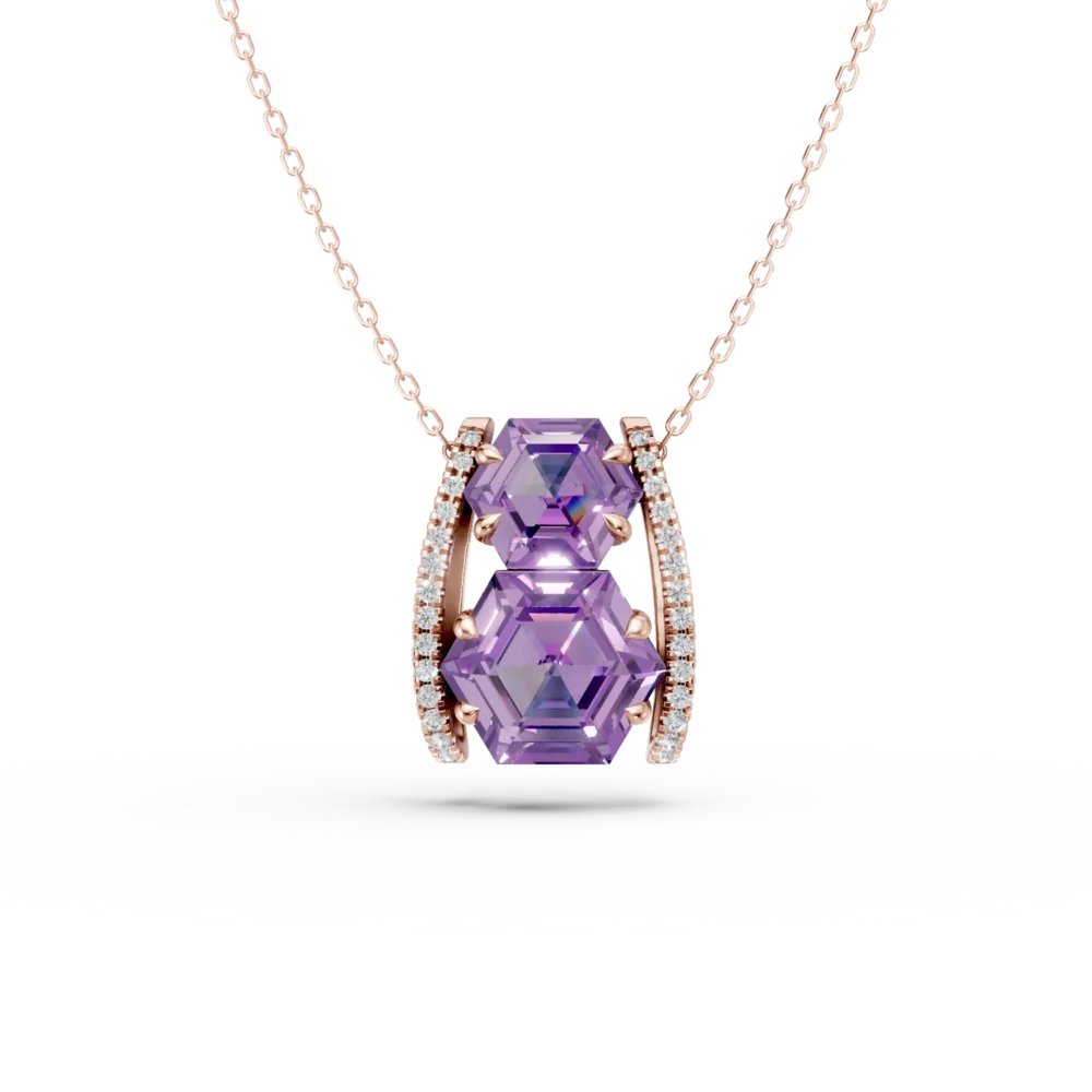 Lant cu pandantiv geometric din aur roz cu ametiste hexagonale de 3.3ct si diamante de 0.1ct