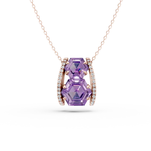 Lant cu pandantiv geometric din aur roz cu ametiste hexagonale de 3.3ct si diamante de 0.1ct