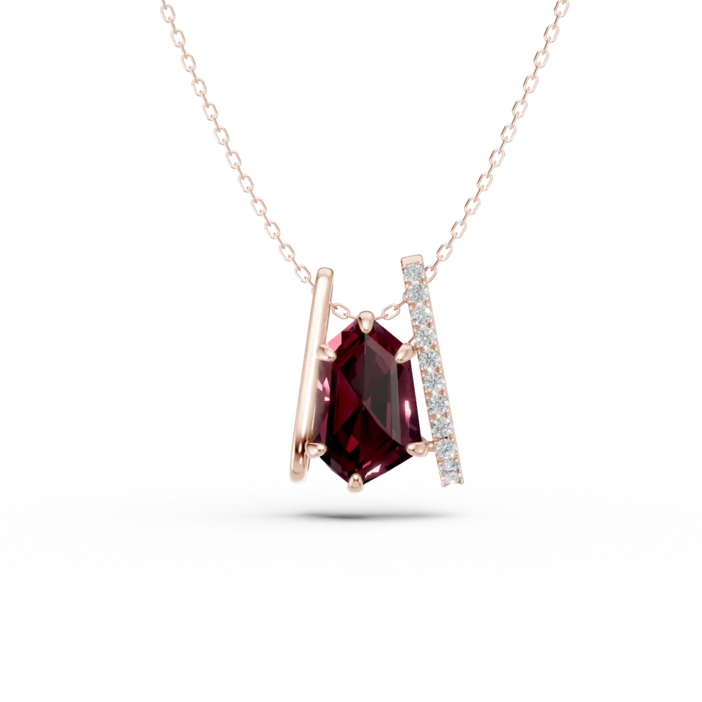 Lant cu pandantiv geometric din aur roz cu granat de 2.6ct si diamante de 0.1ct