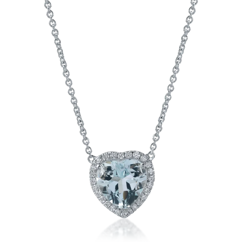 Lant cu pandantiv inima din aur alb cu acvamarin heart de 2.23ct si diamante de 0.18ct