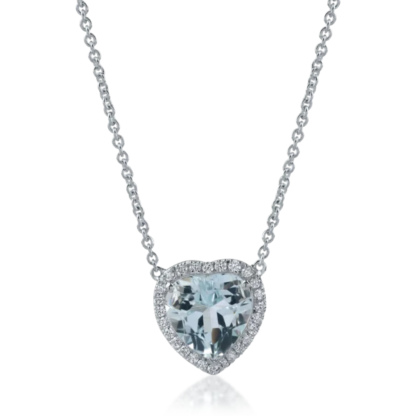 Lant cu pandantiv inima din aur alb cu acvamarin heart de 2.23ct si diamante de 0.18ct