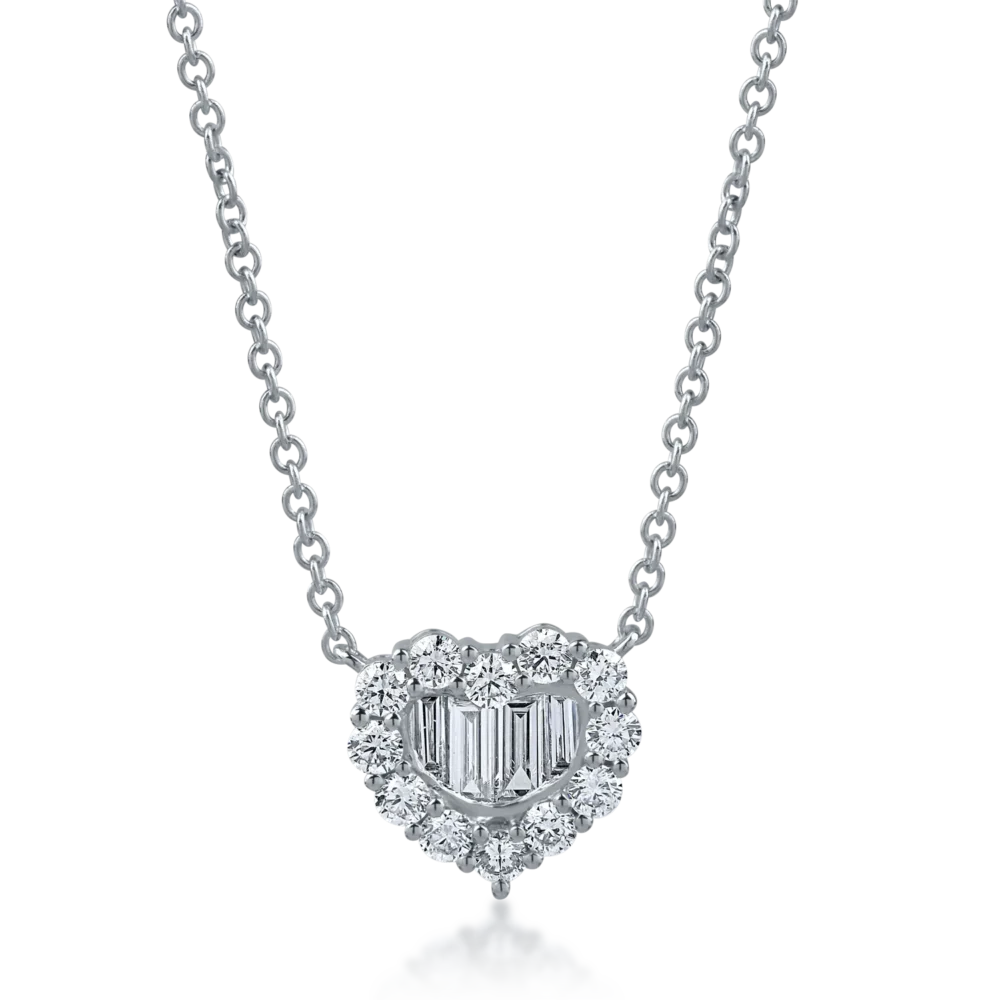 Lant cu pandantiv inima din aur alb cu diamante baguette si rotunde de 0.9ct
