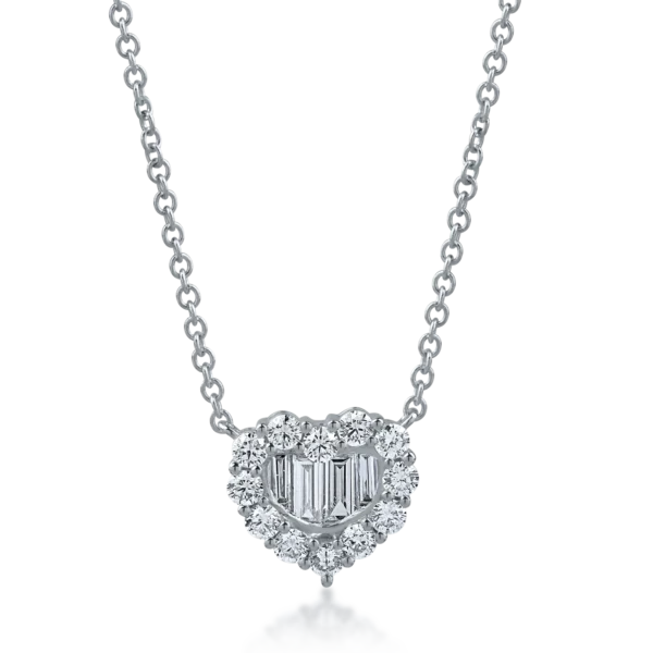 Lant cu pandantiv inima din aur alb cu diamante baguette si rotunde de 0.9ct