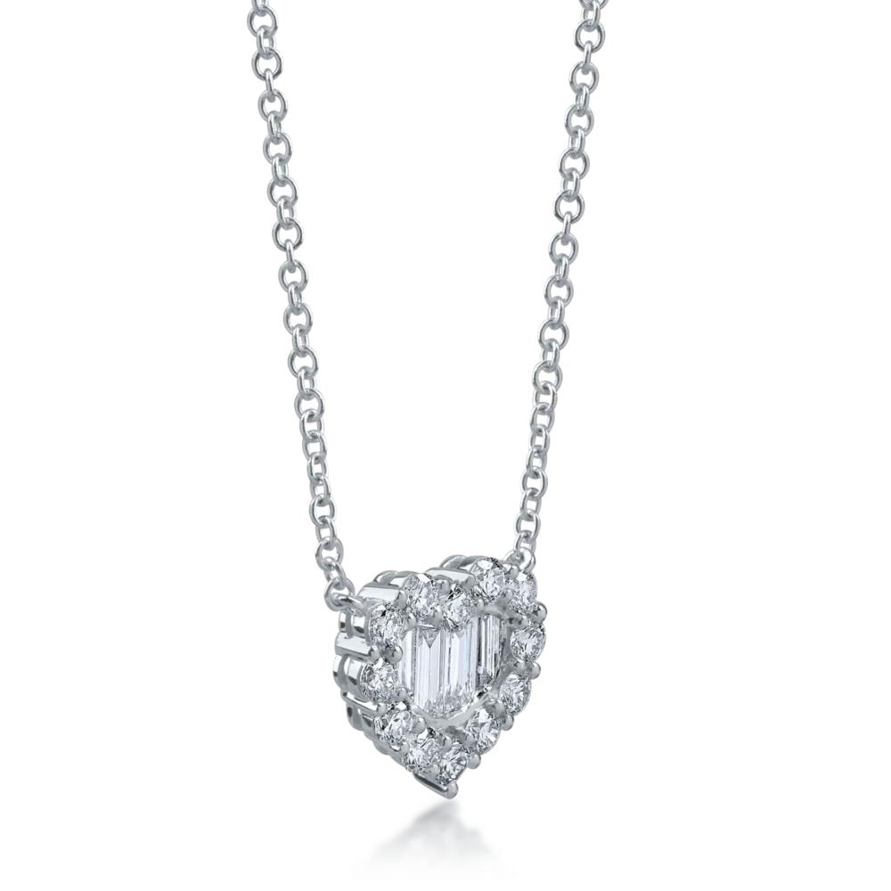 Lant cu pandantiv inima din aur alb cu diamante baguette si rotunde de 0.9ct - imagine 2