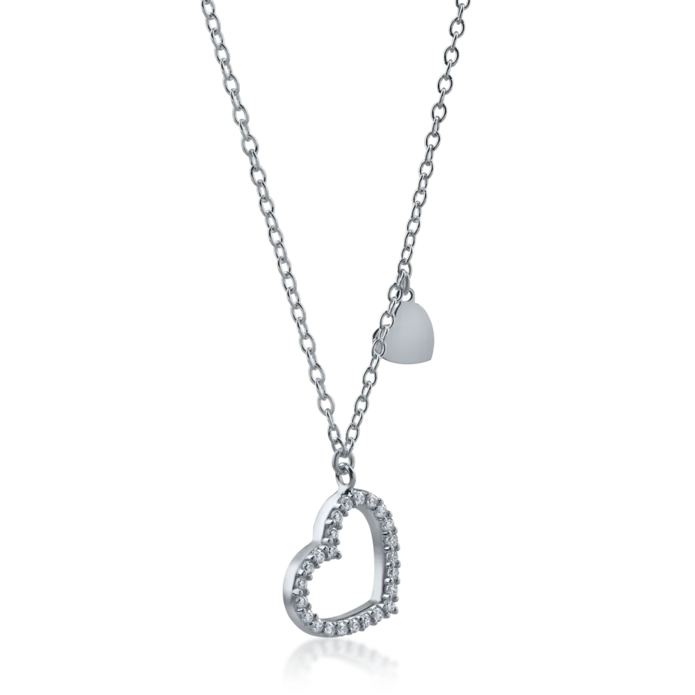 Lant cu pandantiv inima din aur alb cu zirconii - imagine 2