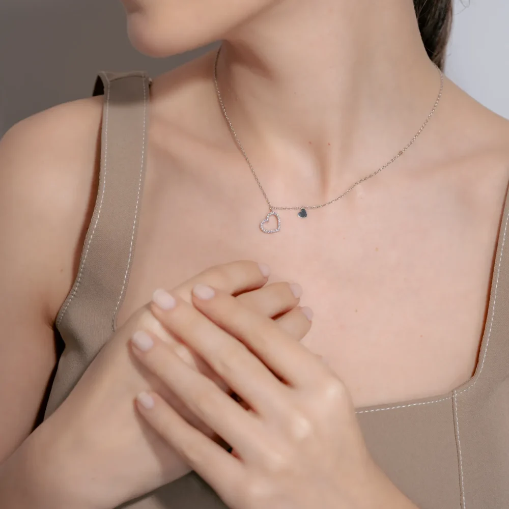 Lant cu pandantiv inima din aur alb cu zirconii - imagine 3