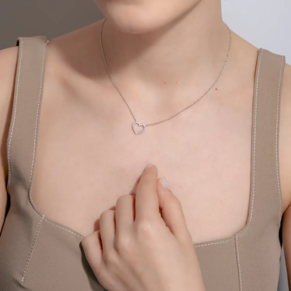 Lant cu pandantiv inima din aur alb cu zirconii - imagine 3