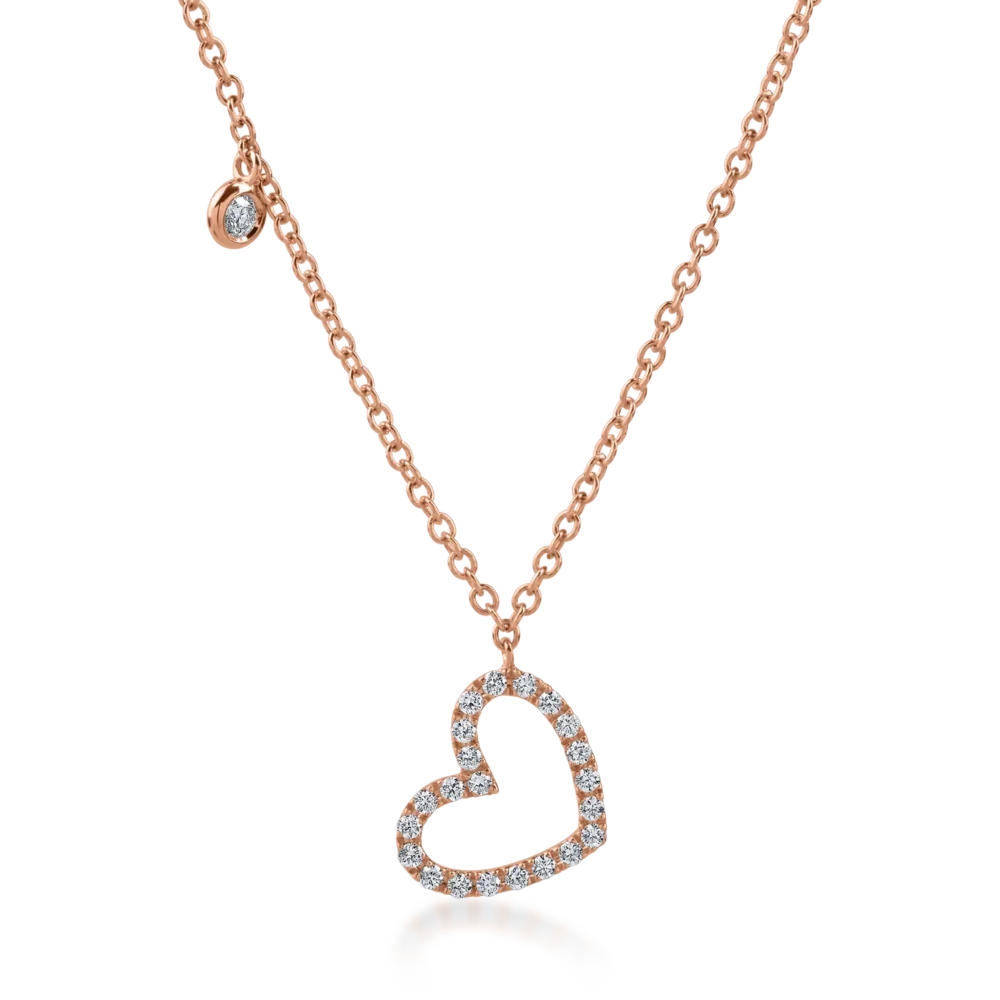 Lant cu pandantiv inima din aur roz cu diamante de 0.18ct
