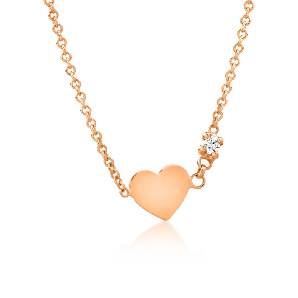 Lant cu pandantiv inima pentru copii din aur roz cu diamant de 0.02ct - imagine 2