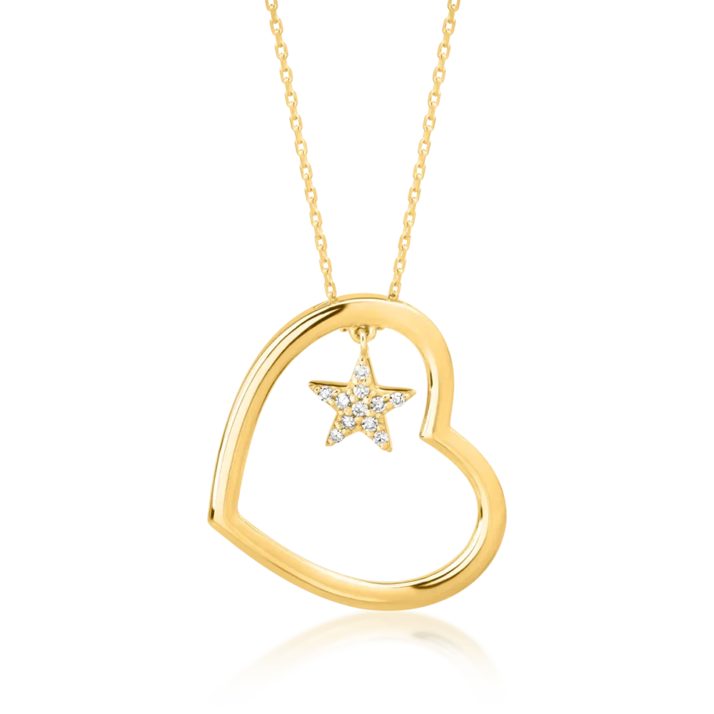 Lant cu pandantiv inima si steluta din aur galben cu diamante de 0.04ct
