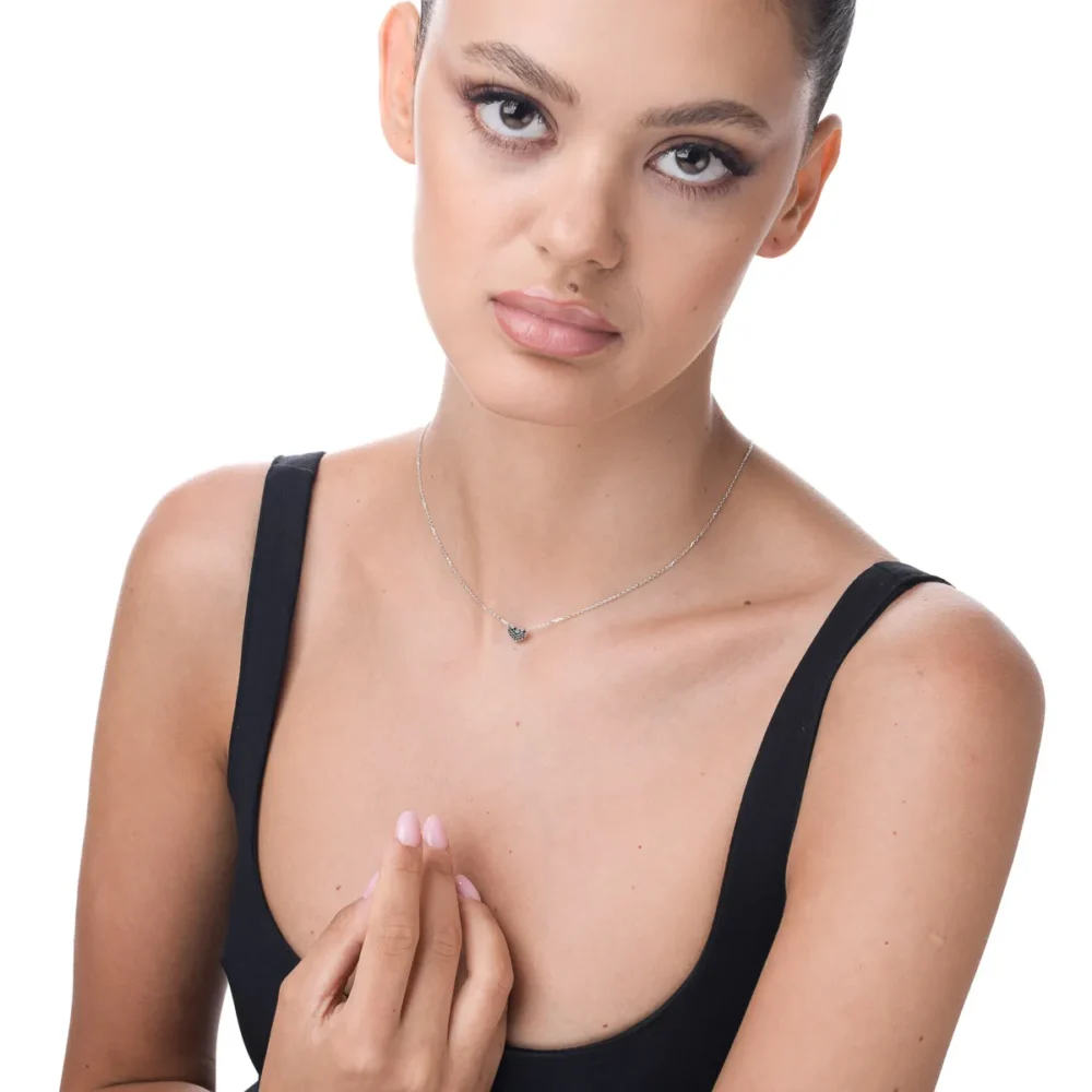 Lant cu pandantiv inimioara din aur alb cu zirconii negre - imagine 3