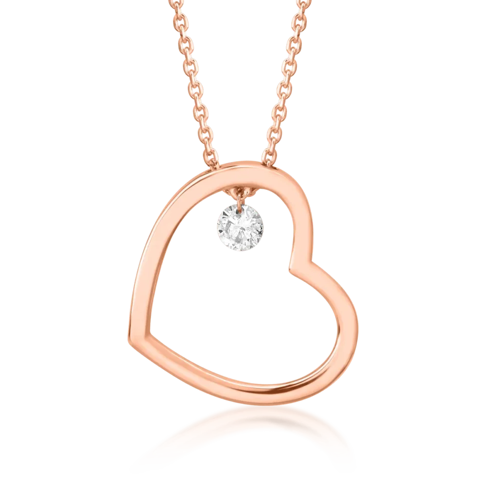 Lant cu pandantiv inimioara din aur roz cu diamant de 0.15ct