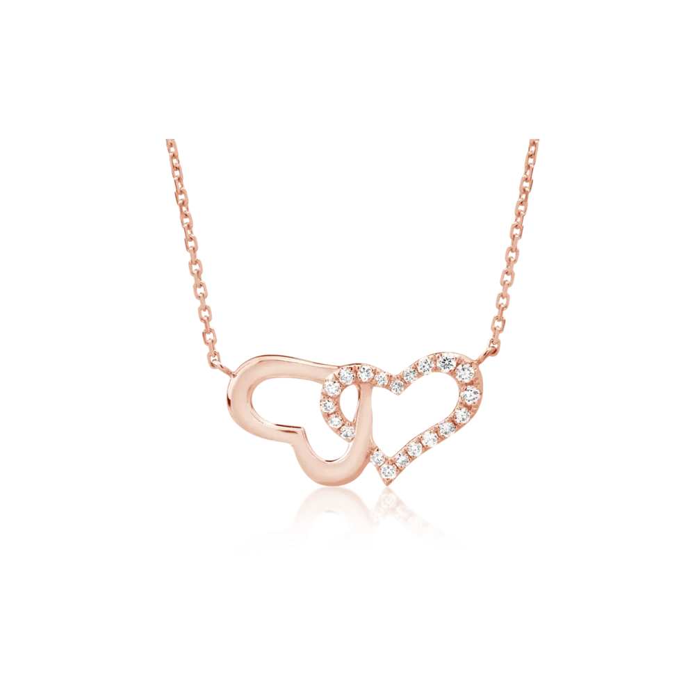 Lant cu pandantiv inimioare din aur roz cu diamante de 0.052ct