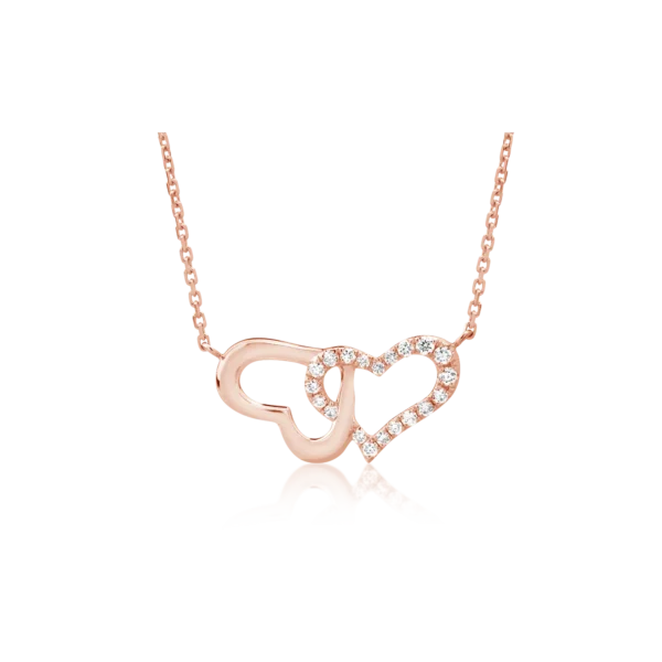 Lant cu pandantiv inimioare din aur roz cu diamante de 0.052ct