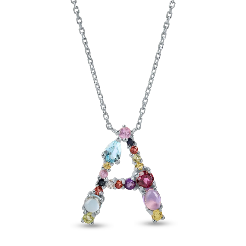 Lant cu pandantiv initiala A din aur alb cu pietre pretioase si semipretioase de 1ct