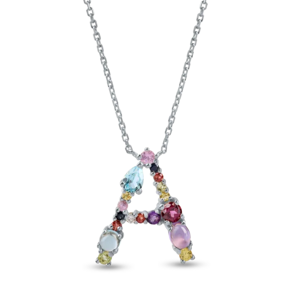 Lant cu pandantiv initiala A din aur alb cu pietre pretioase si semipretioase de 1ct