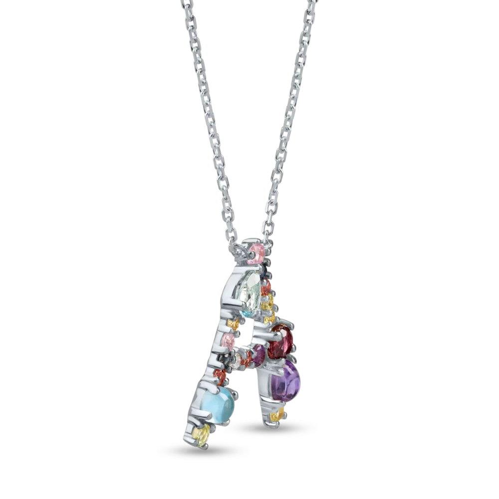 Lant cu pandantiv initiala A din aur alb cu pietre pretioase si semipretioase de 1ct - imagine 2