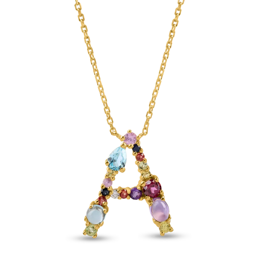 Lant cu pandantiv initiala A din aur galben cu pietre pretioase si semipretioase de 1ct