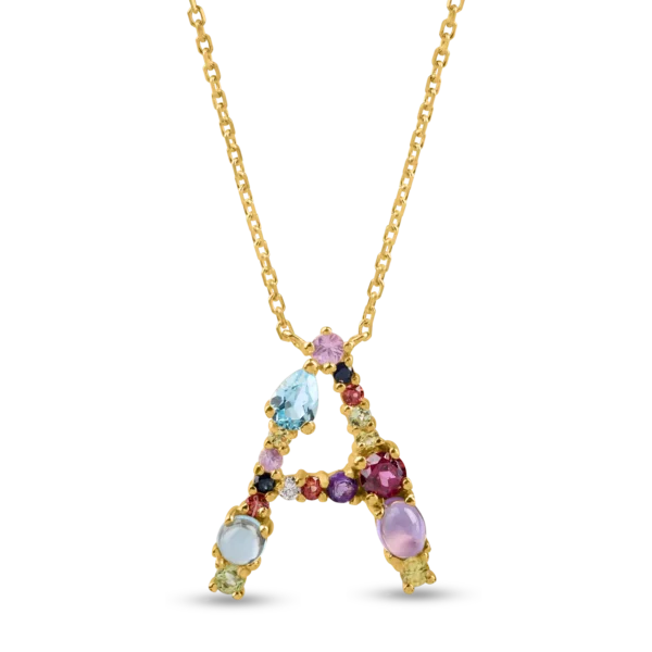 Lant cu pandantiv initiala A din aur galben cu pietre pretioase si semipretioase de 1ct