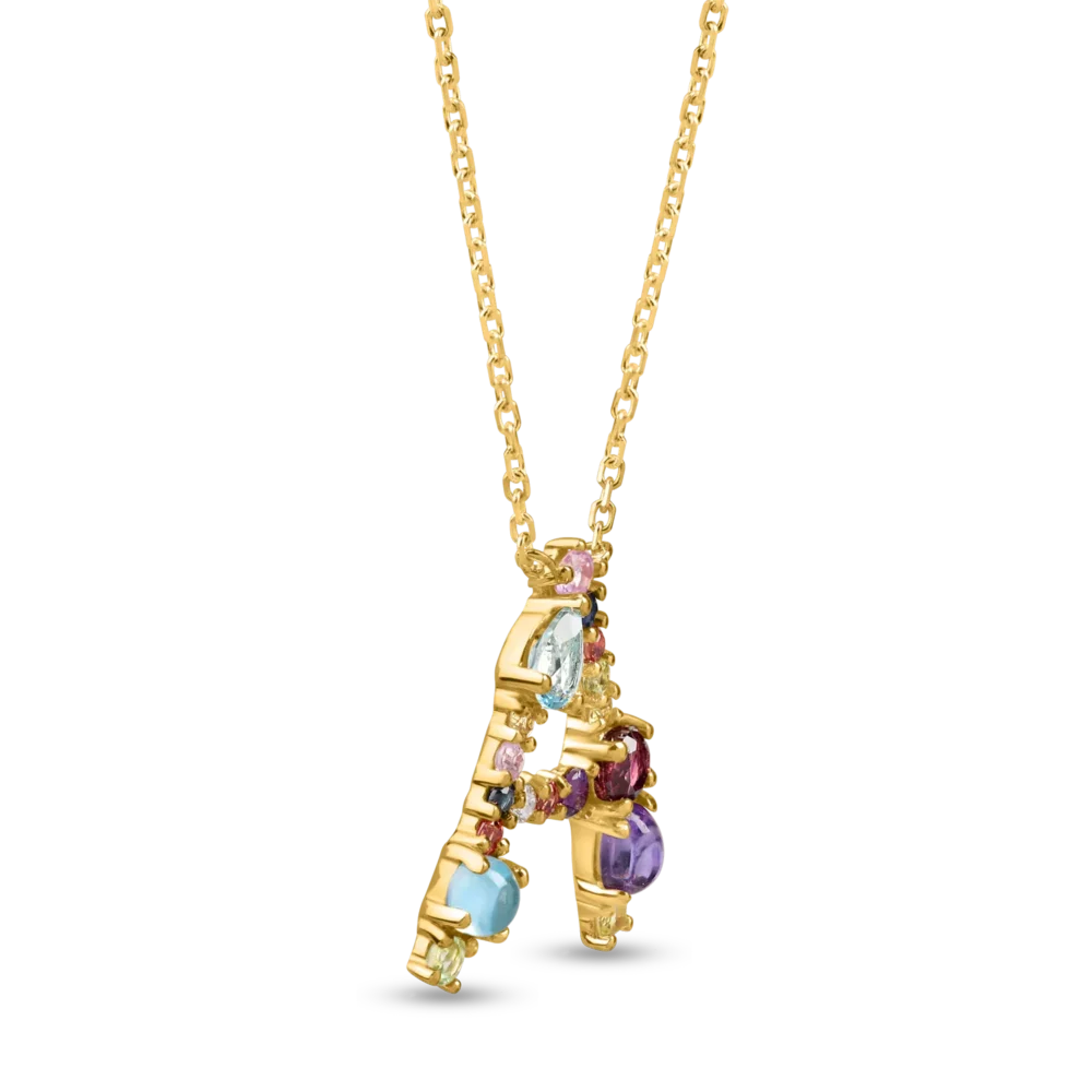 Lant cu pandantiv initiala A din aur galben cu pietre pretioase si semipretioase de 1ct - imagine 2