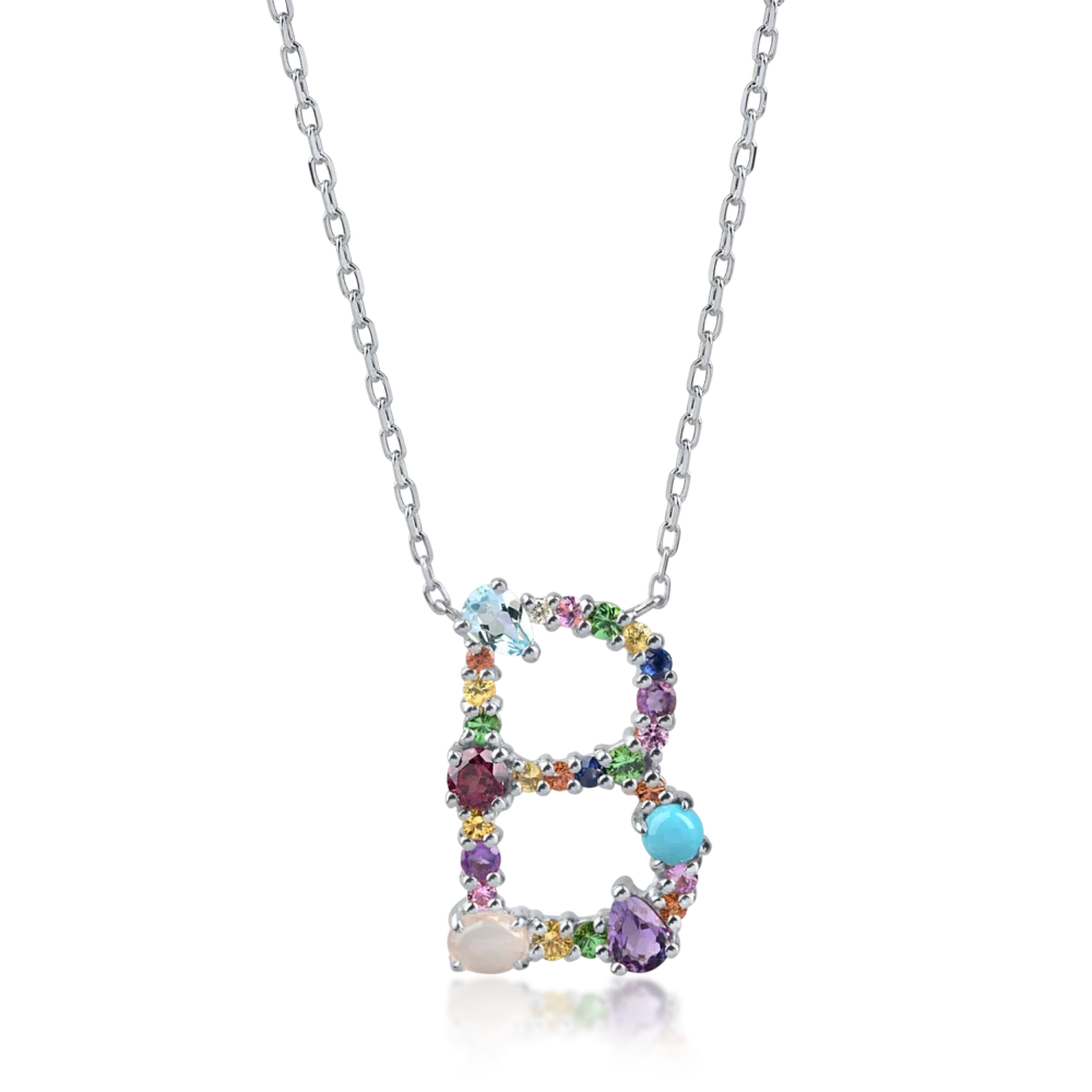 Lant cu pandantiv initiala B din aur alb cu pietre pretioase si semipretioase de 1.3ct