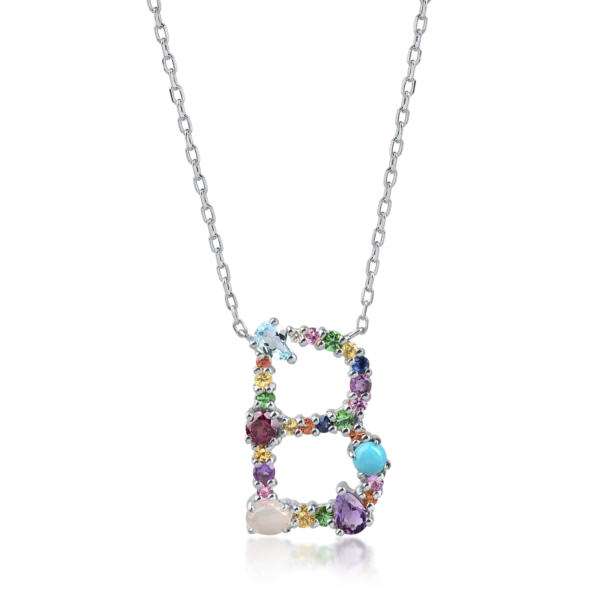 Lant cu pandantiv initiala B din aur alb cu pietre pretioase si semipretioase de 1.3ct