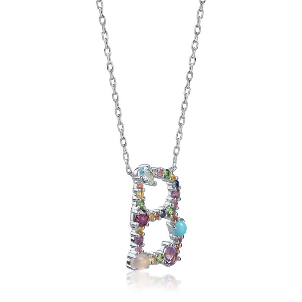 Lant cu pandantiv initiala B din aur alb cu pietre pretioase si semipretioase de 1.3ct - imagine 2