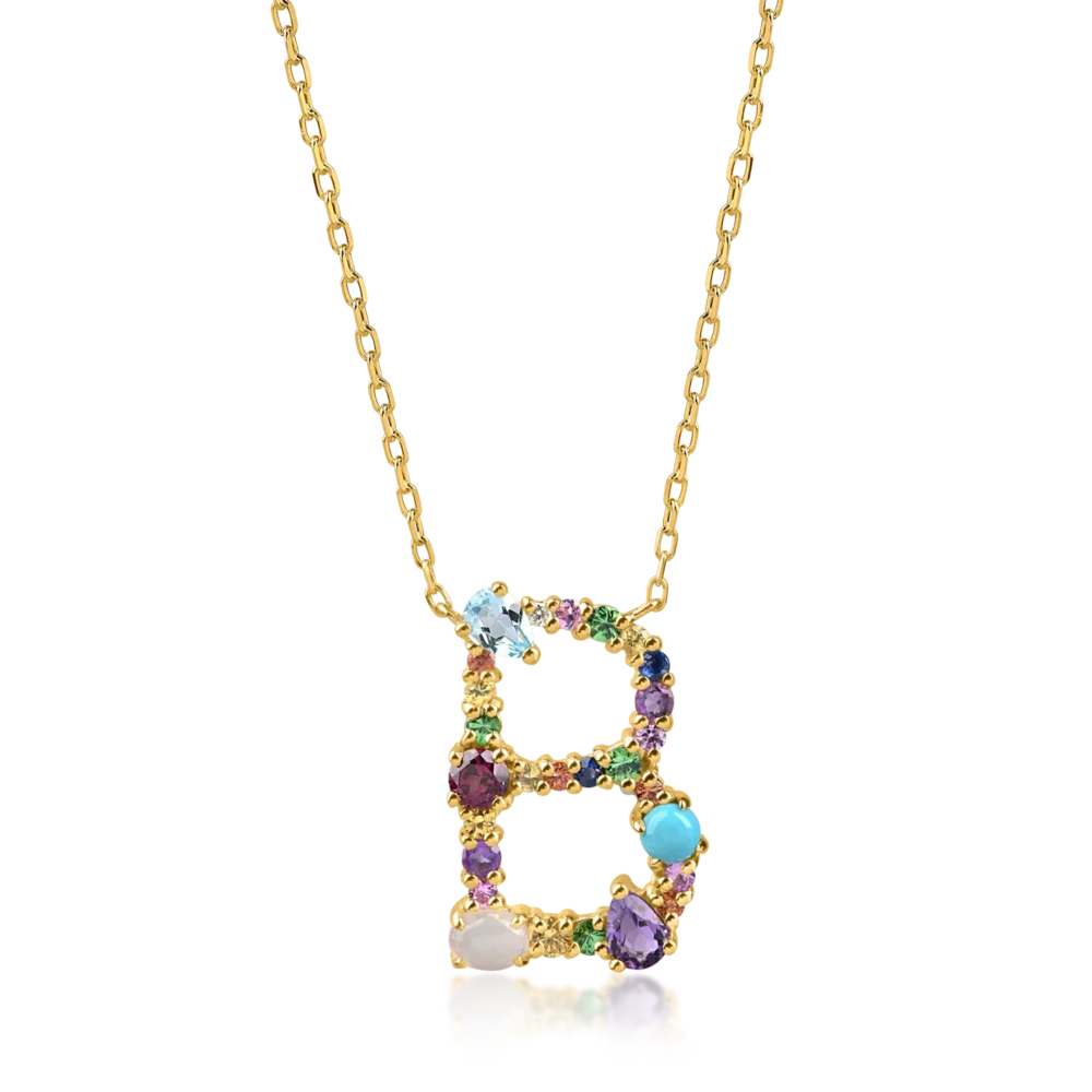 Lant cu pandantiv initiala B din aur galben cu pietre pretioase si semipretioase de 1.3ct