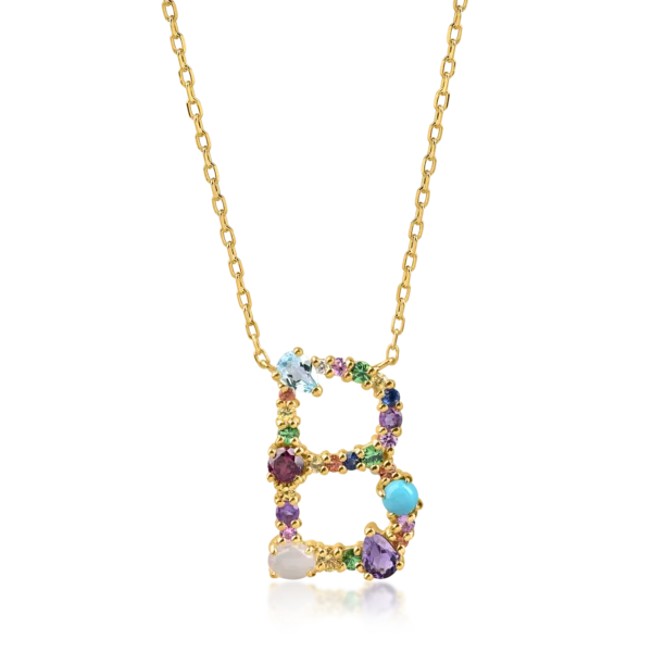 Lant cu pandantiv initiala B din aur galben cu pietre pretioase si semipretioase de 1.3ct