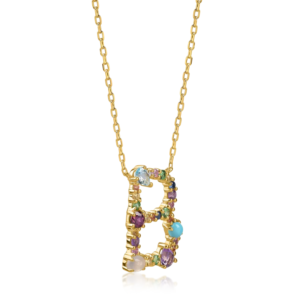 Lant cu pandantiv initiala B din aur galben cu pietre pretioase si semipretioase de 1.3ct - imagine 2