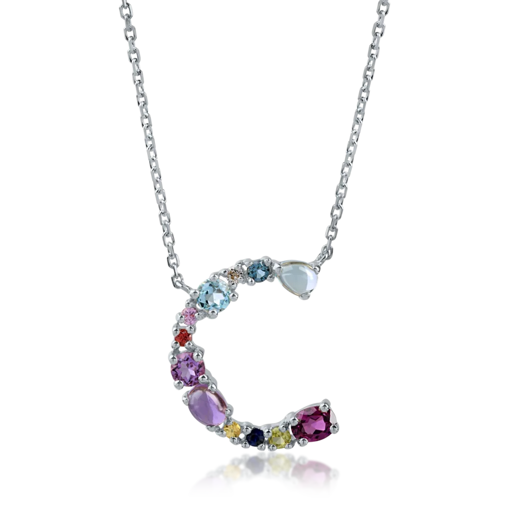 Lant cu pandantiv initiala C din aur alb cu pietre pretioase si semipretioase de 1.1ct