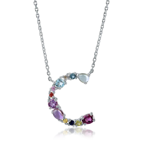 Lant cu pandantiv initiala C din aur alb cu pietre pretioase si semipretioase de 1.1ct