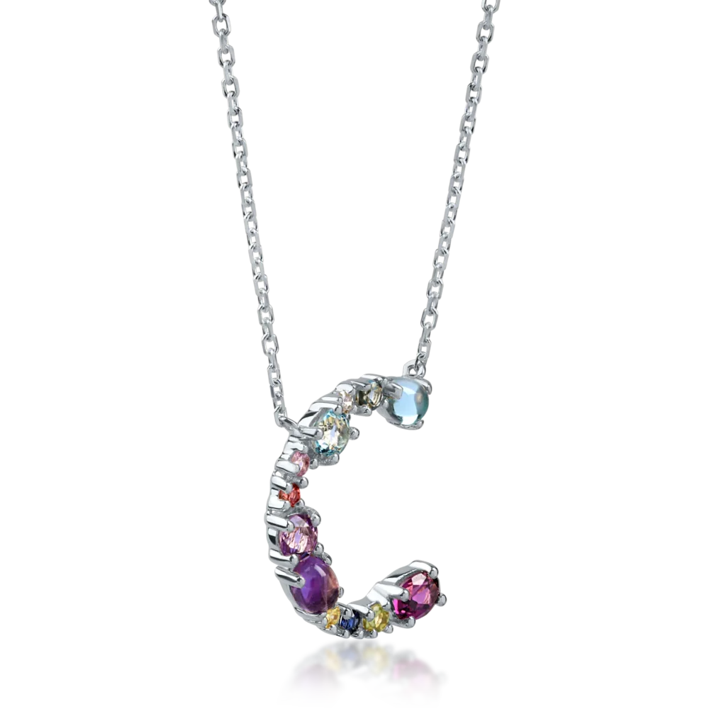 Lant cu pandantiv initiala C din aur alb cu pietre pretioase si semipretioase de 1.1ct - imagine 2