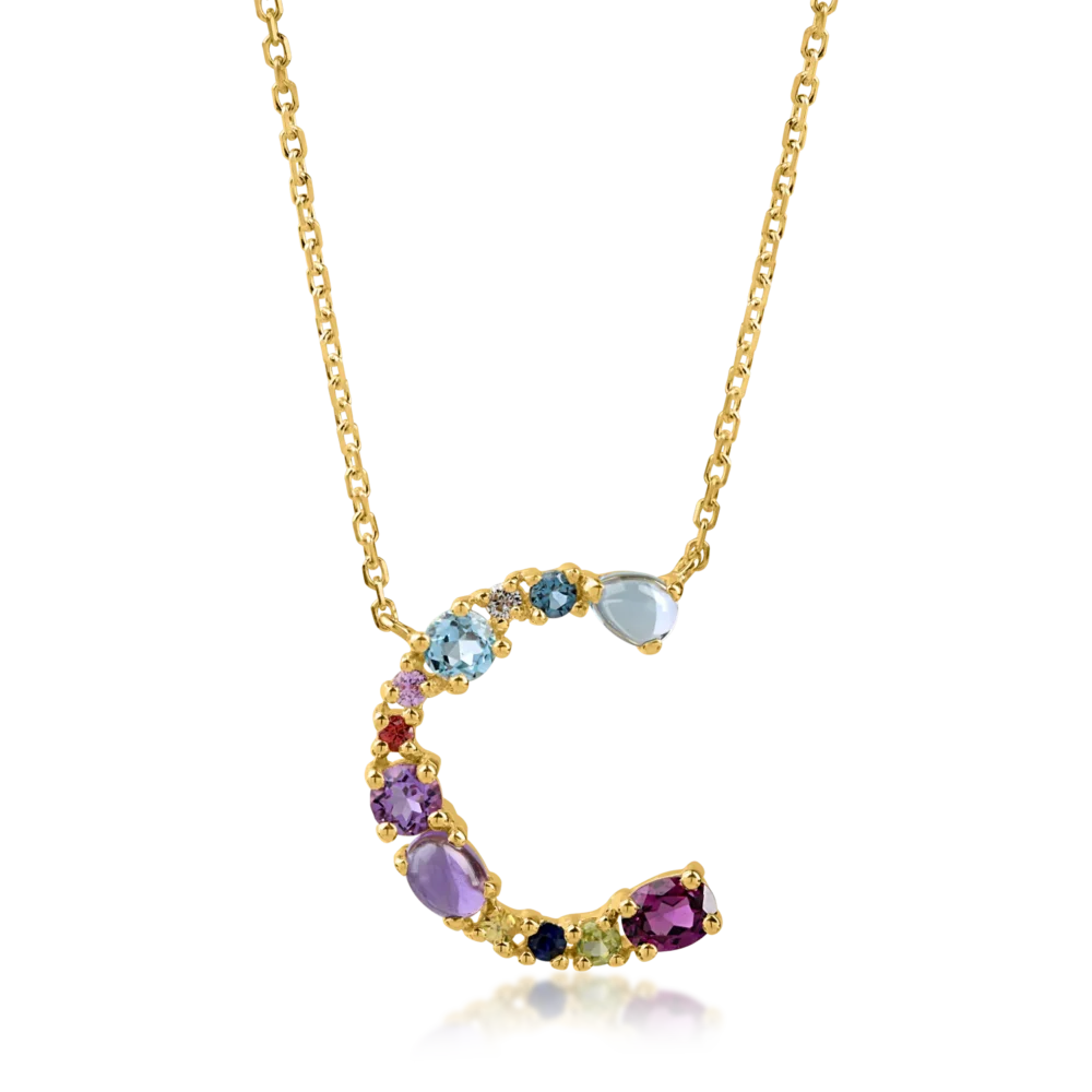 Lant cu pandantiv initiala C din aur galben cu pietre pretioase si semipretioase de 1.1ct