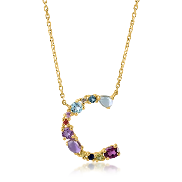 Lant cu pandantiv initiala C din aur galben cu pietre pretioase si semipretioase de 1.1ct