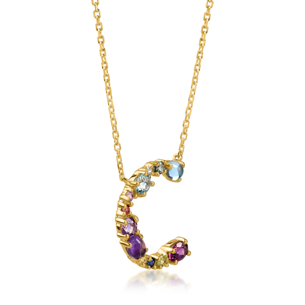 Lant cu pandantiv initiala C din aur galben cu pietre pretioase si semipretioase de 1.1ct - imagine 2