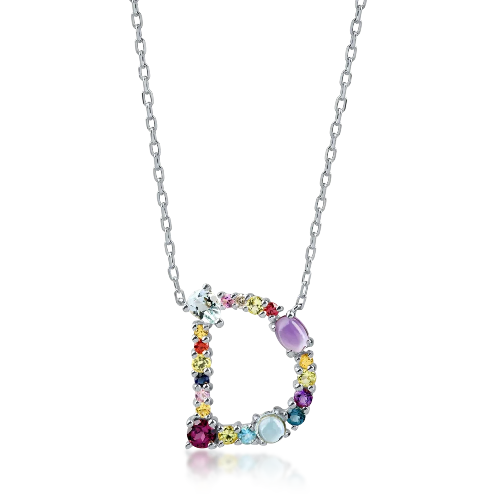 Lant cu pandantiv initiala D din aur alb cu pietre pretioase si semipretioase de 1.2ct