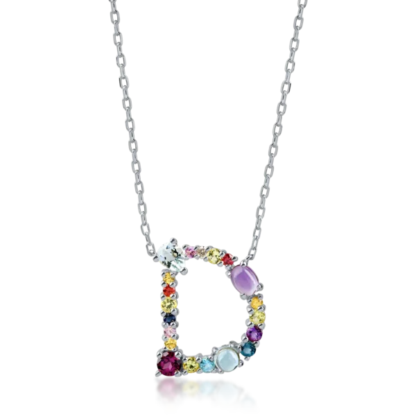 Lant cu pandantiv initiala D din aur alb cu pietre pretioase si semipretioase de 1.2ct