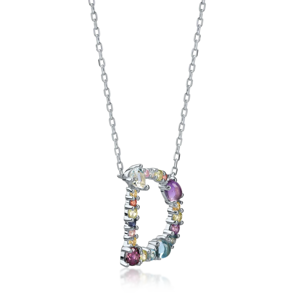 Lant cu pandantiv initiala D din aur alb cu pietre pretioase si semipretioase de 1.2ct - imagine 2