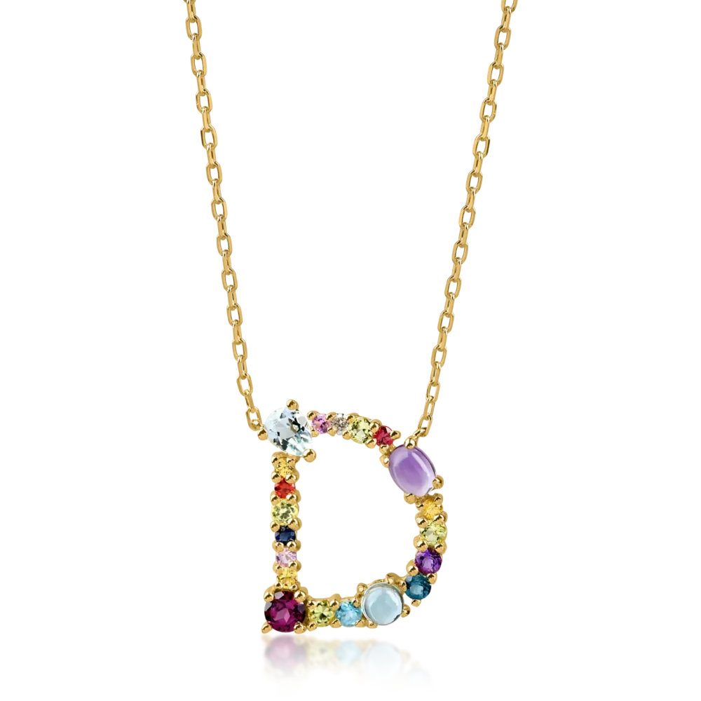 Lant cu pandantiv initiala D din aur galben cu pietre pretioase si semipretioase de 1.2ct