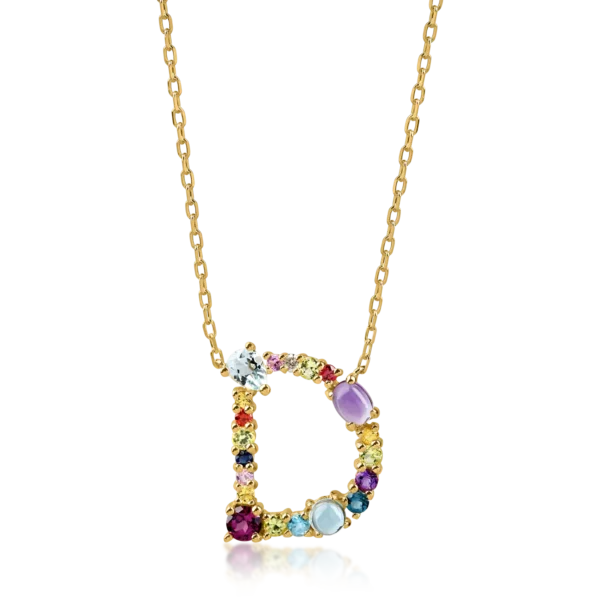 Lant cu pandantiv initiala D din aur galben cu pietre pretioase si semipretioase de 1.2ct