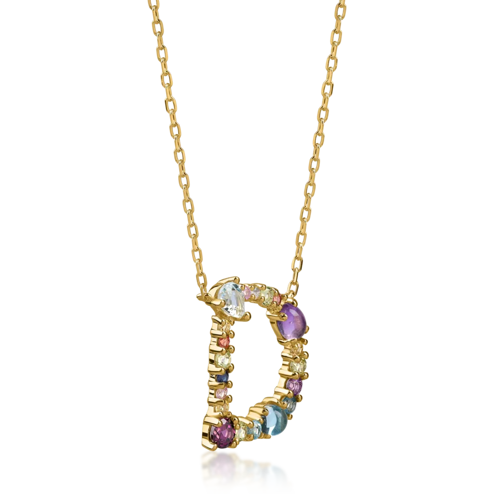 Lant cu pandantiv initiala D din aur galben cu pietre pretioase si semipretioase de 1.2ct - imagine 2