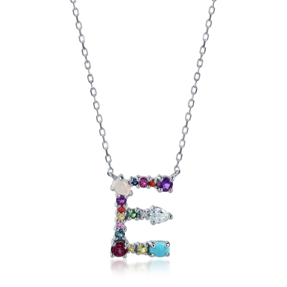 Lant cu pandantiv initiala E din aur alb cu pietre pretioase si semipretioase de 1.1ct