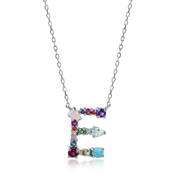 Lant cu pandantiv initiala E din aur alb cu pietre pretioase si semipretioase de 1.1ct