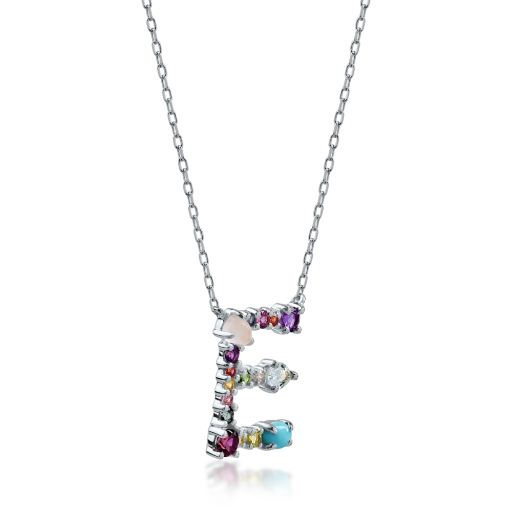 Lant cu pandantiv initiala E din aur alb cu pietre pretioase si semipretioase de 1.1ct - imagine 2