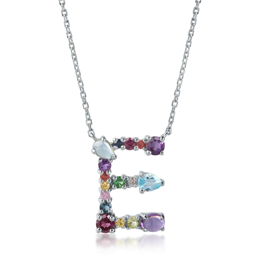 Lant cu pandantiv initiala E din aur alb cu pietre pretioase si semipretioase de 1.2ct