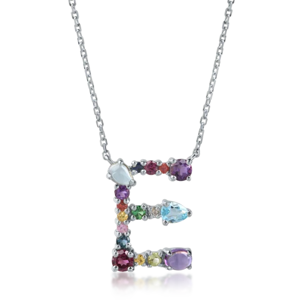 Lant cu pandantiv initiala E din aur alb cu pietre pretioase si semipretioase de 1.2ct